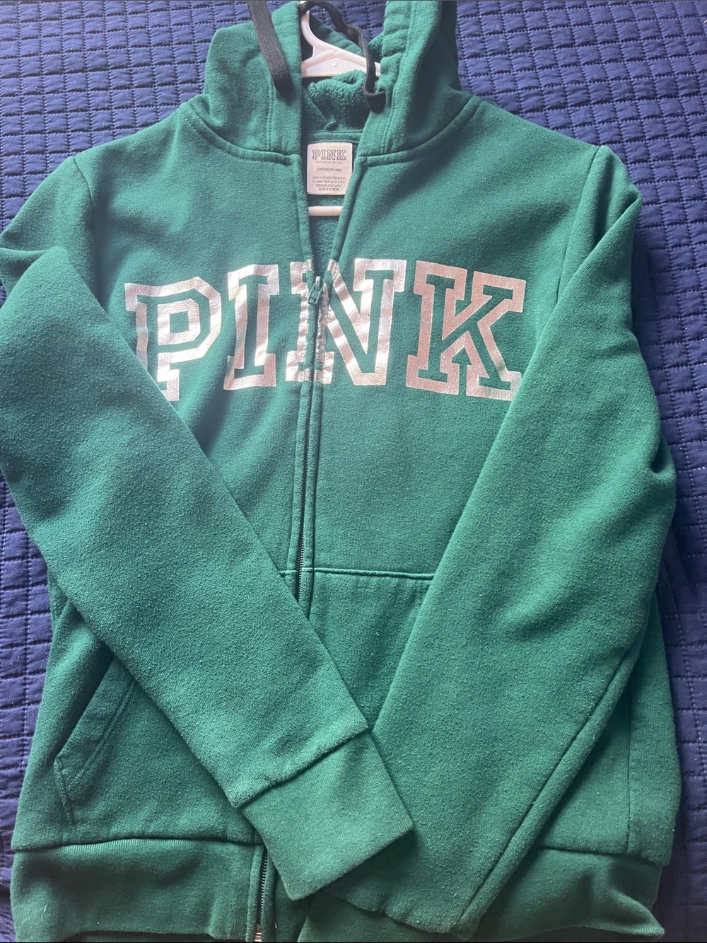 PINK Victoria's Secret Emerald Green Zip Hoodie with White Logo